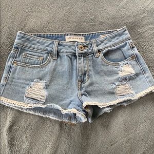 bullhead denim shorts with white lace trim